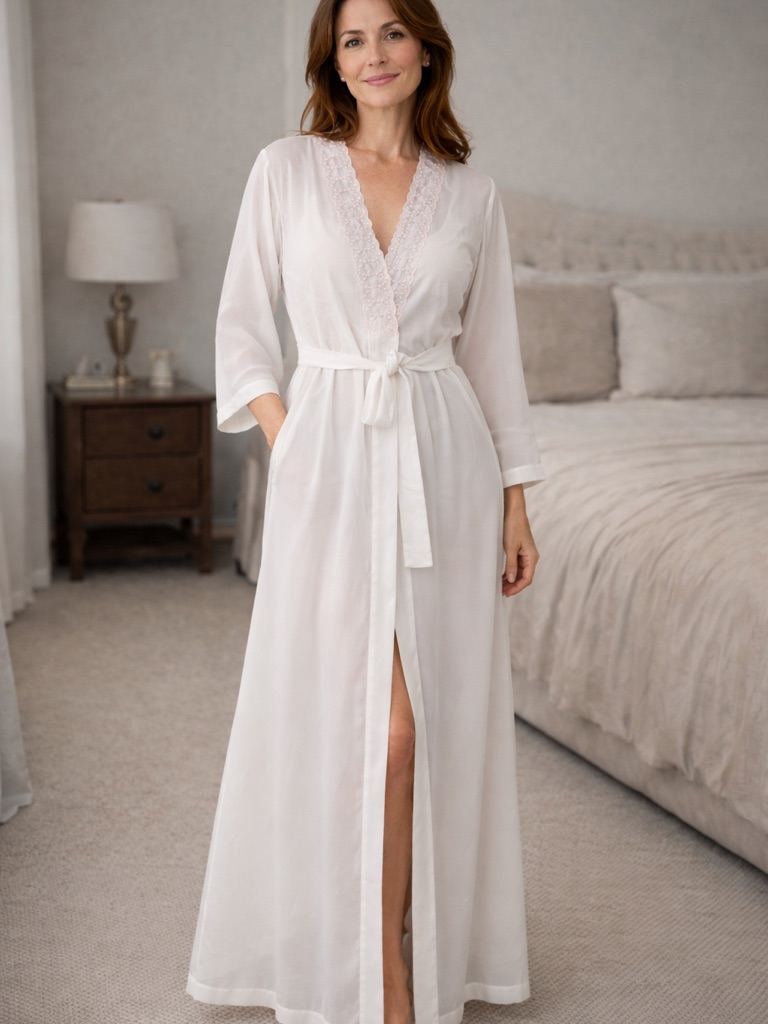Valentino Ntimo White Pink Embroidered Trim Maxi Robe Tie Waist Lingerie Vtg M